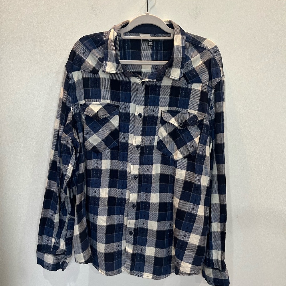Frye Flannel Shirt Long Sleeve Men's Size XXL Blue and White Plaid 100% Cotton